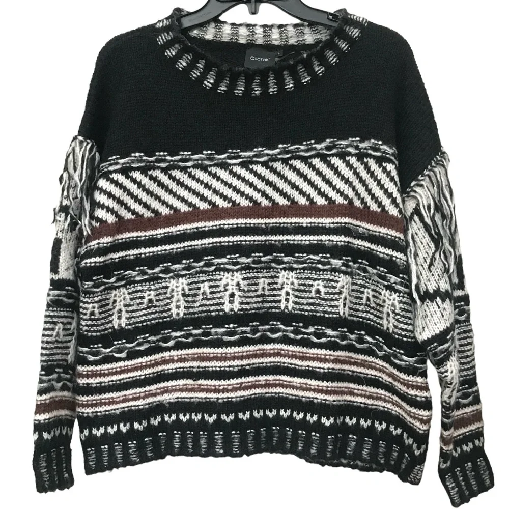 Cliche Woven Fringe black brown Earth tones Knit Sweater top size L - Picture 2 of 6